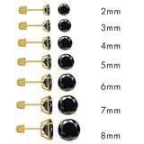 14K Yellow Gold Round Black Simulated Diamond Screw Back Earring. Set on High Quality Prong Setting and Friction Style