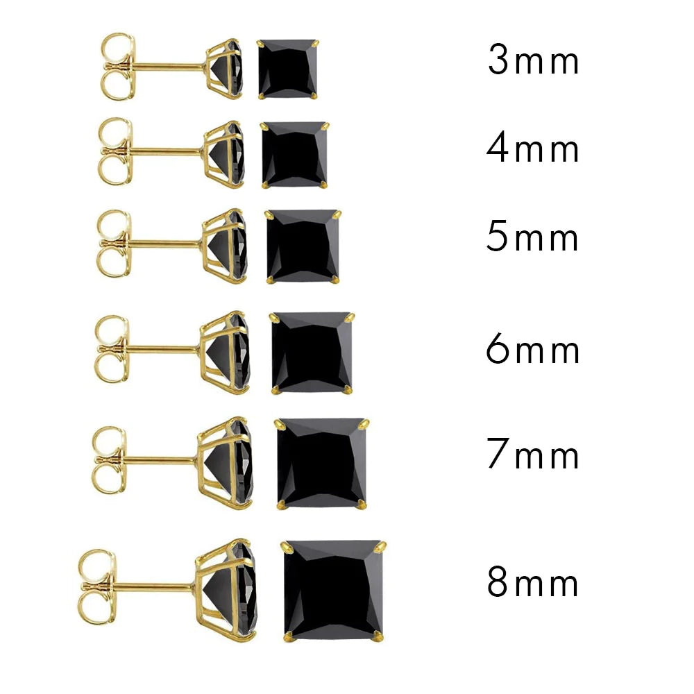 14K Yellow Gold Stud Princess Cut Black Cubic Zirconia Earring. Set on High Quality Prong Setting and Friction Style Post