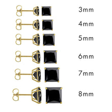 Load image into Gallery viewer, 14K Yellow Gold Stud Princess Cut Black Cubic Zirconia Screw Back Earring. Set on High Quality Prong Setting and Friction Style Post