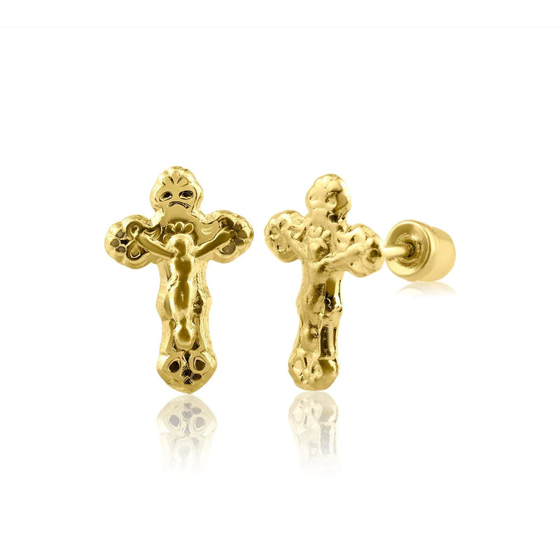 14K Yellow Gold Crucifix Screw Back Earrings