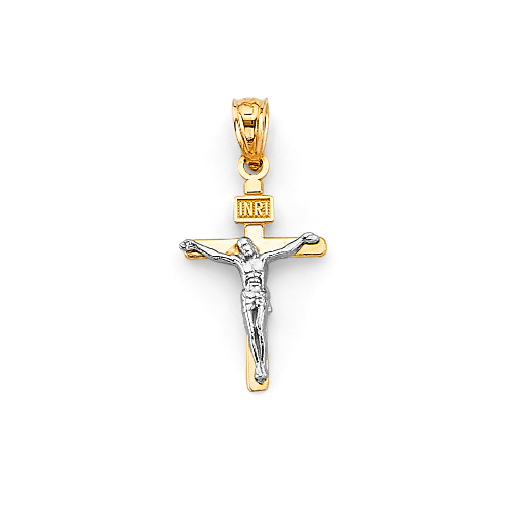 14k Two Tone Gold Crucifix Cross Pendant - Religious Charm, 35x15mm, 1 Gram, Real Gold