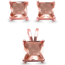 Load image into Gallery viewer, Sterling Silver Rose Gold Plated Square Princess Solitaire Morganite Silver Earring and Pendant Set, Width 7mm