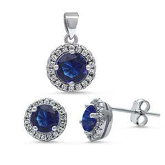 Sterling Silver Halo Blue Sapphire & Cz Earring and Pendant Set