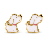 14K Dog White Enamel Pink Leash  Screw Back Earrings