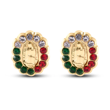 Load image into Gallery viewer, 14K Yellow Gold Guadalupe Red Green And Clear Screw Back Earrings
