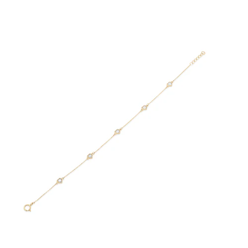 14K Yellow Gold Multi Heart Clear CZ Charm Adjustable Bracelet