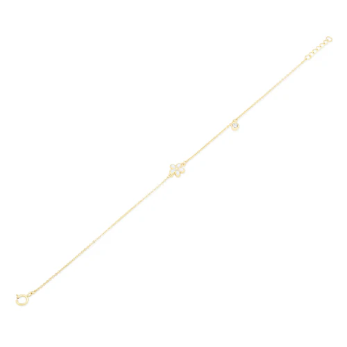 14K Yellow Gold White Flower And Round Clear CZ Charm Adjustable Bracelet