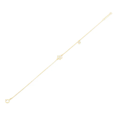 14K Yellow Gold White Flower And Round Clear CZ Charm Adjustable Bracelet