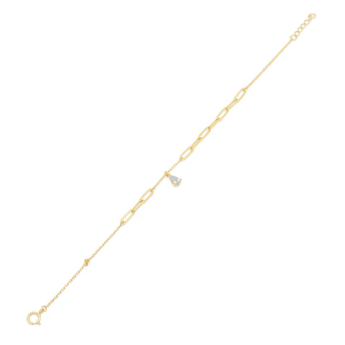 14K Yellow Gold Teardrop CZ Charm Paperclip Adjustable Bracelet