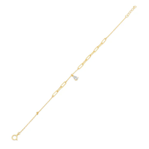 14K Yellow Gold Teardrop CZ Charm Paperclip Adjustable Bracelet