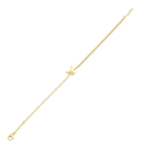 14K Yellow Gold Butterfly Charm Double Strand Paperclip Adjustable Bracelet
