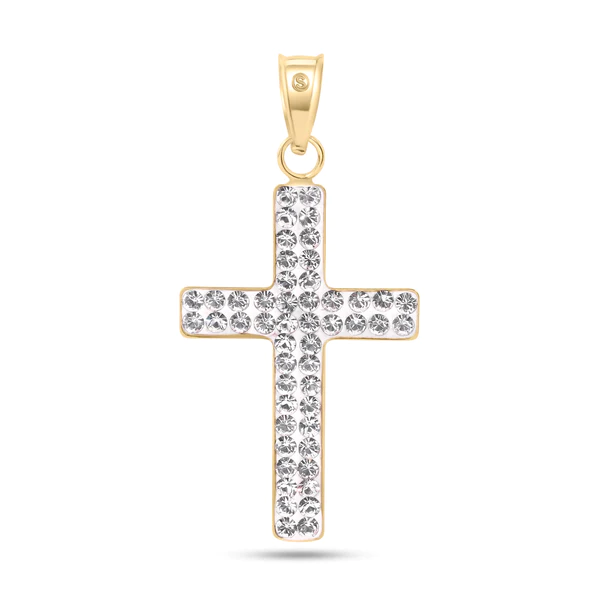 14K Yellow Gold Two Sided Patterned Cross Clear CZ Pendant