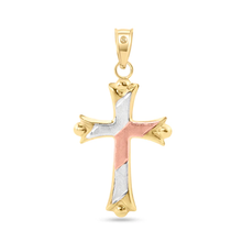 Load image into Gallery viewer, 14K Yellow Gold Tri Color Two-Sided Patterned Hollow Tube Cross Pendant