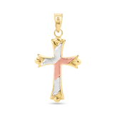 14K Yellow Gold Tri Color Two-Sided Patterned Hollow Tube Cross Pendant