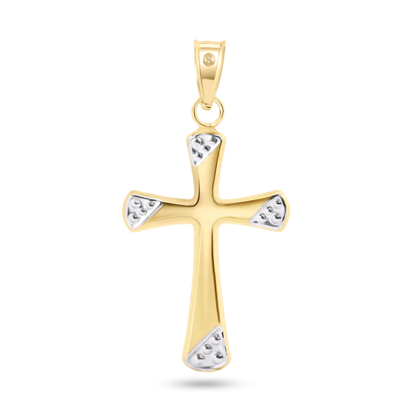 14K Yellow Gold Two Sided White Gold Beaded Edge Hollow Tube Cross Pendant
