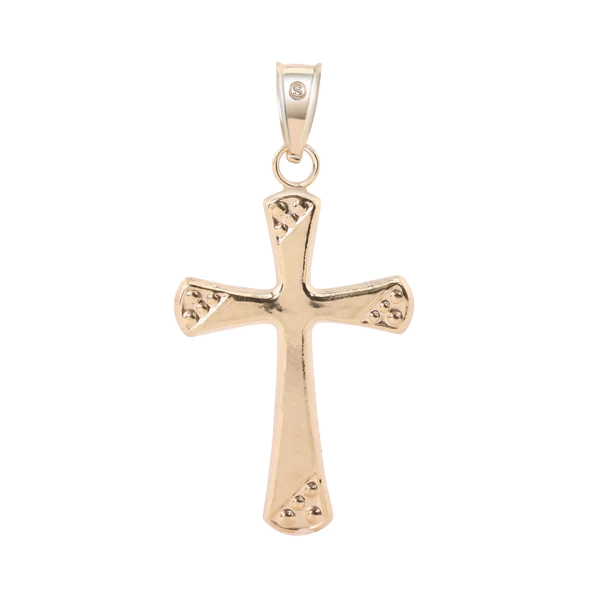 14K Yellow Gold Two Sided Beaded Edge Hollow Tube Cross Pendant