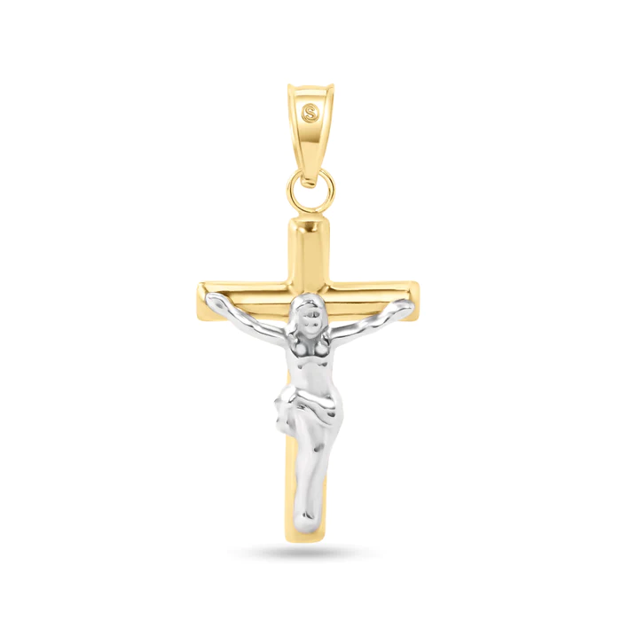 14K Yellow Gold Two Sided Cross White Gold Jesus Hollow Tube Cross Pendant