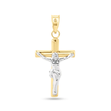 Load image into Gallery viewer, 14K Yellow Gold Two Sided Cross White Gold Jesus Hollow Tube Cross Pendant