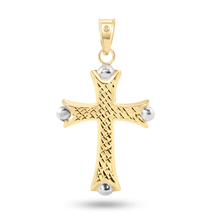 Load image into Gallery viewer, 14K Yellow Gold Two Tone Sided Patterned White Gold Bead Edge Hollow Tube Cross Pendant