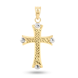 14K Yellow Gold Two Tone Sided Patterned White Gold Bead Edge Hollow Tube Cross Pendant