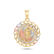 Load image into Gallery viewer, 14K Yellow Gold Two Tone 20mm Diamond Cut Bezel Our Lady of Guadalupe Clear CZ Pendant
