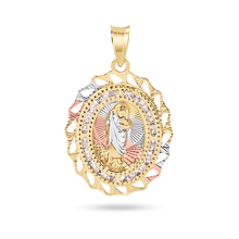 Load image into Gallery viewer, 14K Yellow Gold Two Tone 20mm Diamond Cut Oval Bezel Saint Jude Clear CZ Pendant