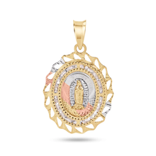 Load image into Gallery viewer, 14K Yellow Gold Two Tone 20mm Diamond Cut Oval Bezel Our Lady of Guadalupe Clear CZ Pendant