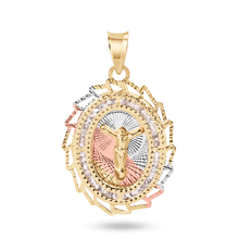 Load image into Gallery viewer, 14K Yellow Gold Two Tone 20mm Diamond Cut Oval Sharp Edge Bezel Jesus Christ Clear CZ Pendant