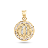 14K Yellow Gold 16mm Round Our Lady of Guadalupe Clear CZ Pendant
