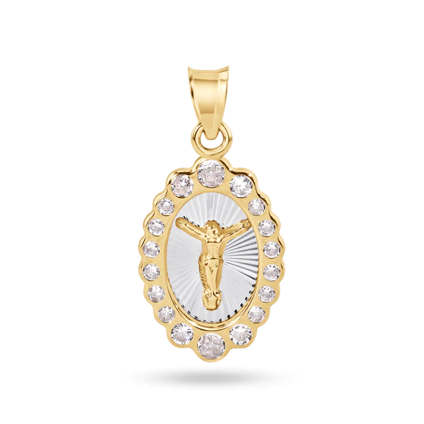 14K Yellow Gold 18mm Oval Jesus Christ Clear CZ Pendant