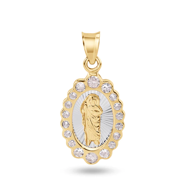 14K Yellow Gold 18mm Oval Saint Jude Clear CZ Pendant