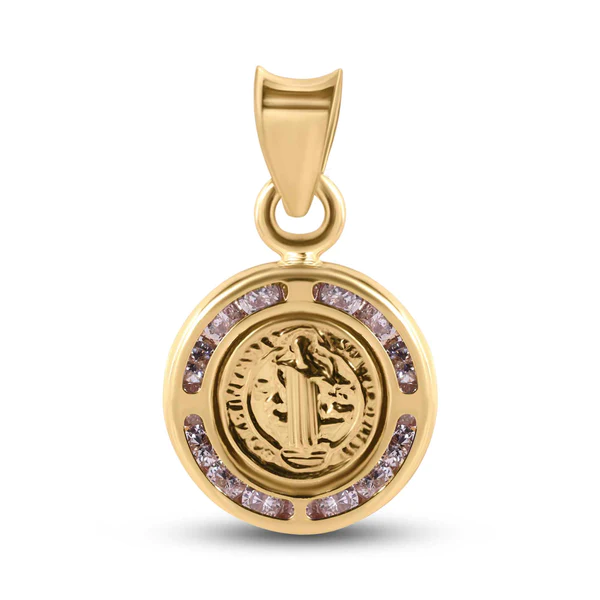 14K Yellow Gold 11.5mm Saint Benedict Medal Clear CZ Pendant