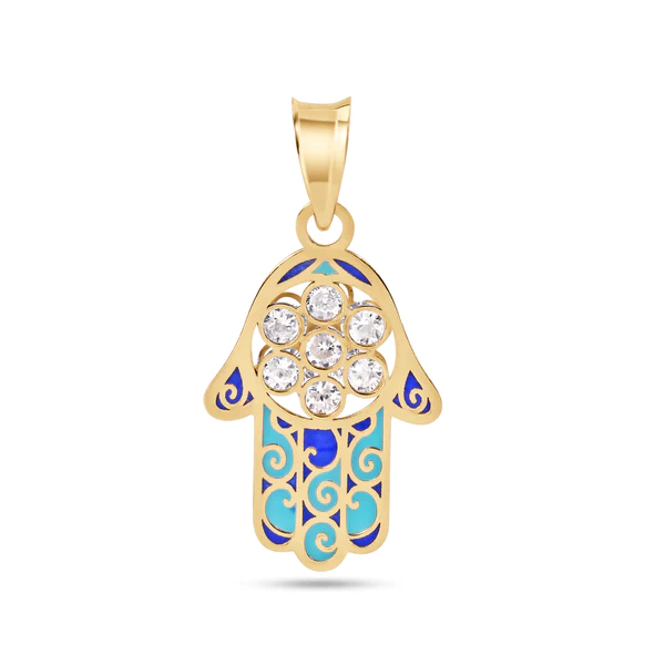 14K Yellow Gold Hamsa Enamel Turquiose and blue with Clear CZ Pendant