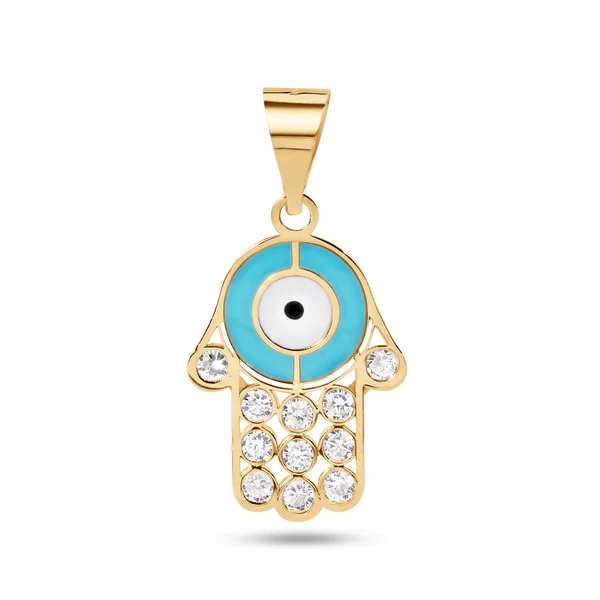 14K Yellow Gold Hamsa Enamel Turquiose and White with Clear CZ Pendant