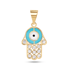 Load image into Gallery viewer, 14K Yellow Gold Hamsa Enamel Turquiose and White with Clear CZ Pendant