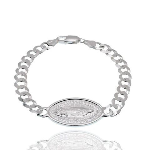 Sterling Silver High Polished Guadalupe Charm On Curb Bracelet