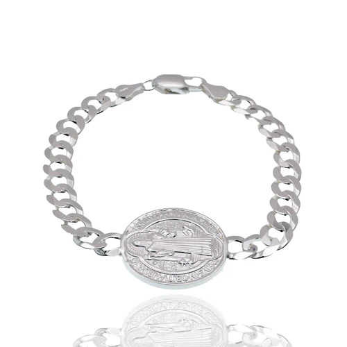 Sterling Silver High Polished Saint Benedict Charm On Curb Bracelet