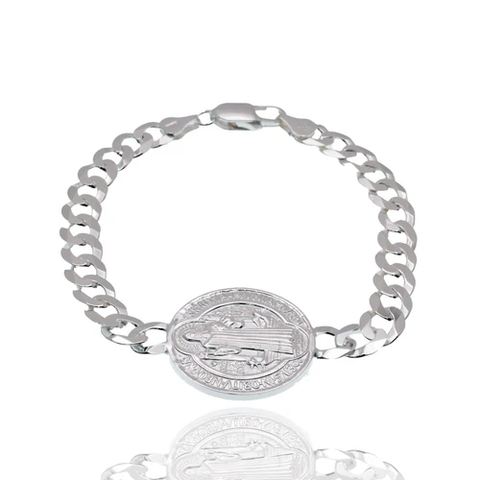 Sterling Silver High Polished Saint Benedict Charm On Curb Bracelet