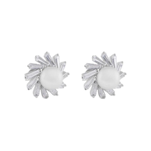 Load image into Gallery viewer, Sterling Silver Rhodium Plated Water Pearl Clear Baguette CZ Stud Earrings