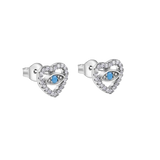Sterling Silver Rhodium Plated Evil Eye Heart Clear CZ Stud Earrings