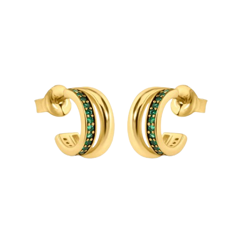 Sterling Silver Golden Plated Split Hoop Green CZ Stud Earrings