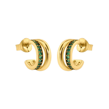 Load image into Gallery viewer, Sterling Silver Golden Plated Split Hoop Green CZ Stud Earrings