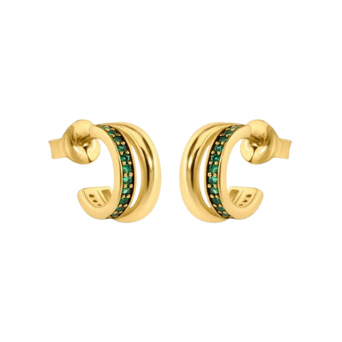 Sterling Silver Golden Plated Split Hoop Green CZ Stud Earrings