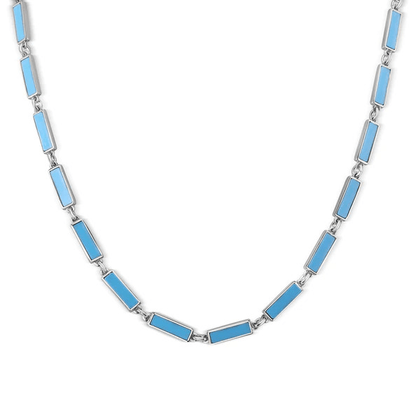 Sterling Silver Rhodium Plated Light Blue Turquoise Stone Bar Link Necklace