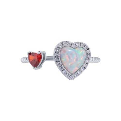 Sterling Silver Rhodium Plated 2 Hearts Synthetic Opal and Red CZ 1.5mm Ring