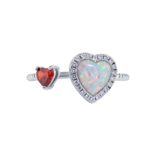 Load image into Gallery viewer, Sterling Silver Rhodium Plated 2 Hearts Synthetic Opal and Red CZ 1.5mm Ring