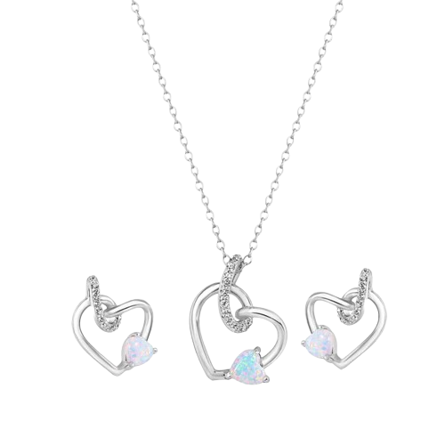 Sterling Silver Rhodium Plated Intertwined Hearts Synthetic Opal and Clear CZ Earring and Pendant Set