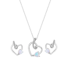 Load image into Gallery viewer, Sterling Silver Rhodium Plated Intertwined Hearts Synthetic Opal and Clear CZ Earring and Pendant Set