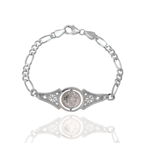 Sterling Silver Saint Benedict Rotating Medal Intricately Detailed Figaro Bracelet