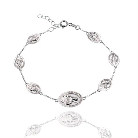 Sterling Silver High Polished Sacred Heart Jesus Medal Adjustable Bracelet